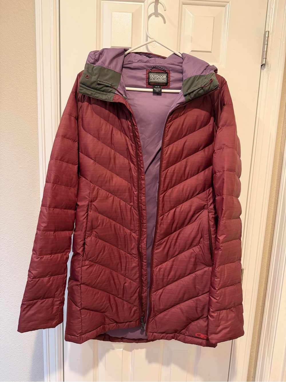 Outdoor Research Women's Plum Quilted Hooded Puffer Coat with Lavender Lining